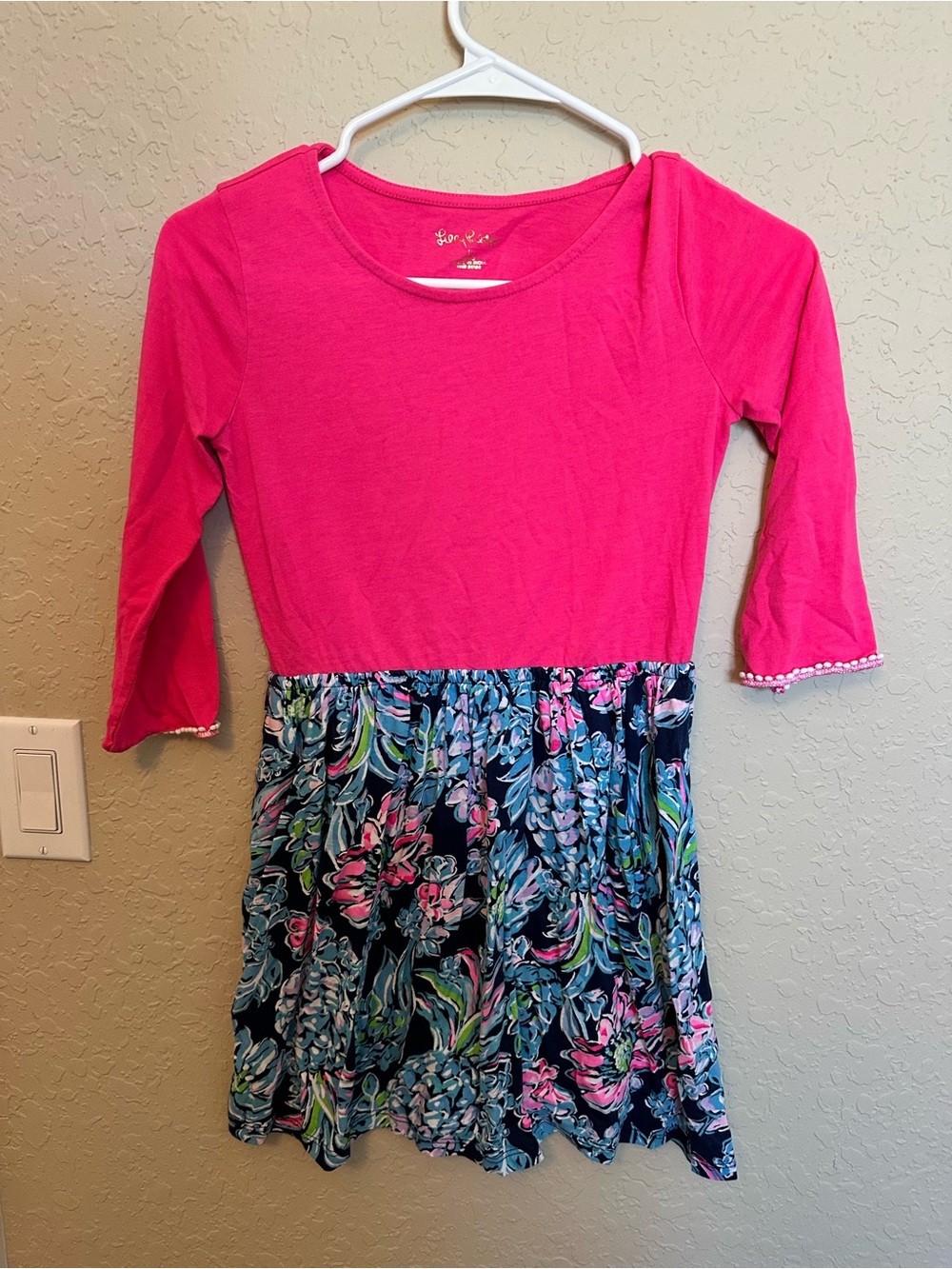 Lilly Pulitzer Hot Pink Bodice Navy Floral Skirt Girls' Dress